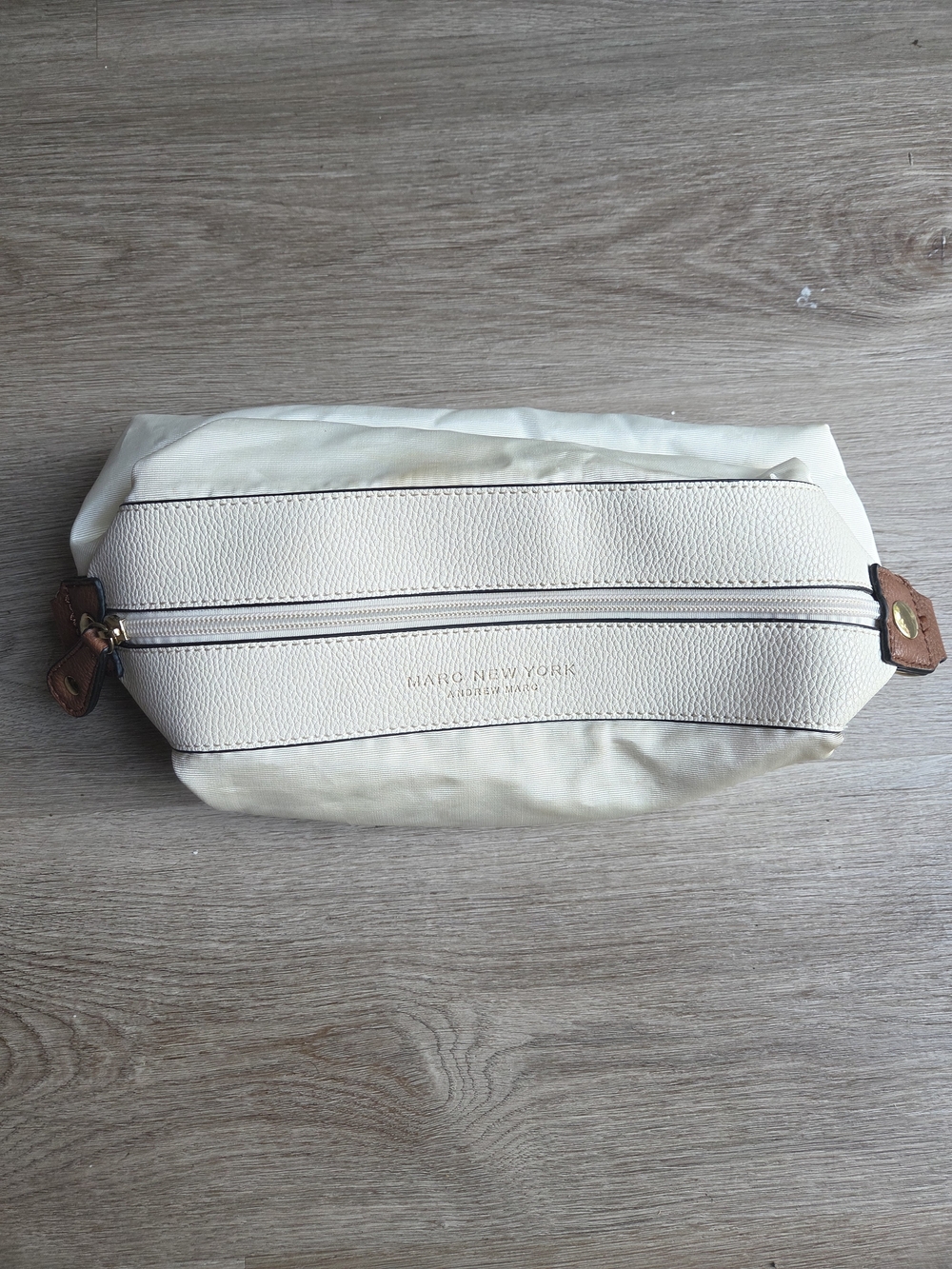 Marc New York Cream Textured Toiletry Bag with Brown Trim and Gold Hardware